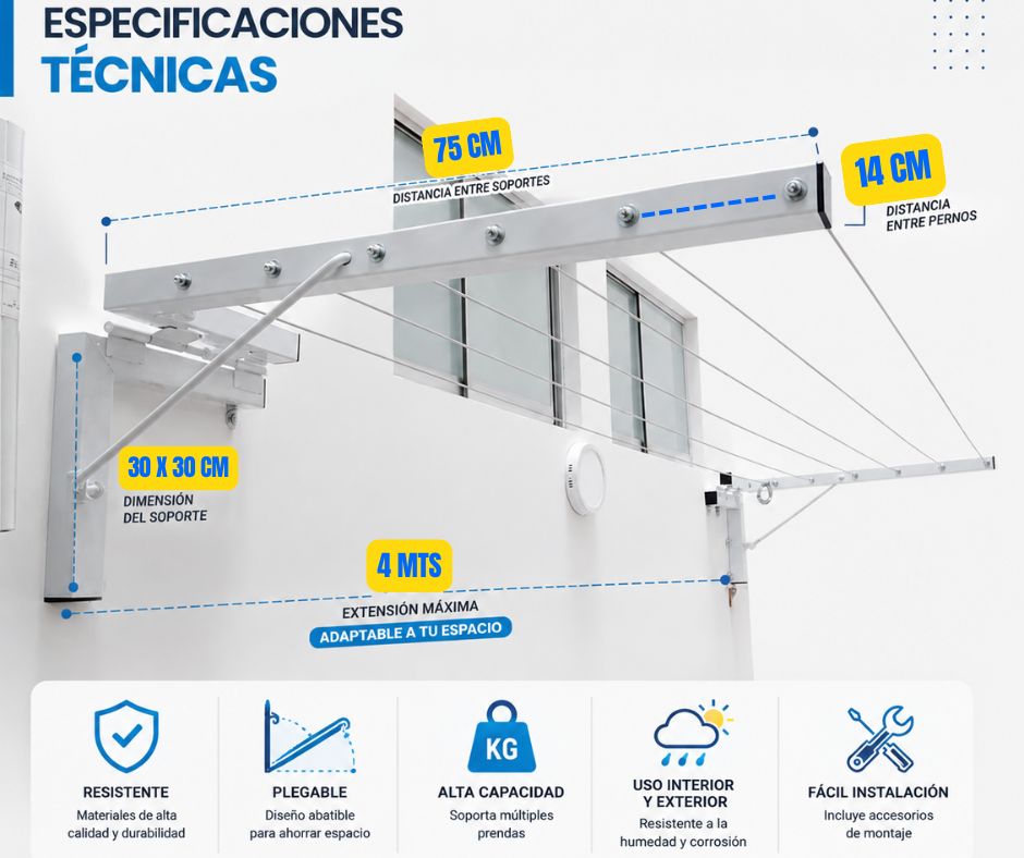 Medidas del tendedero: 75 cm de ancho, separación 14 cm entre filas, base 30x30 cm, largo graduable hasta 4 metros